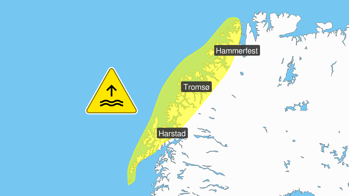 Høy vannstand, gult nivå, Lofoten, Vesterålen, Troms og Kyst- og fjordstrøkene i Vest-Finnmark, 23 February 11:00 UTC til 23 February 15:00 UTC.