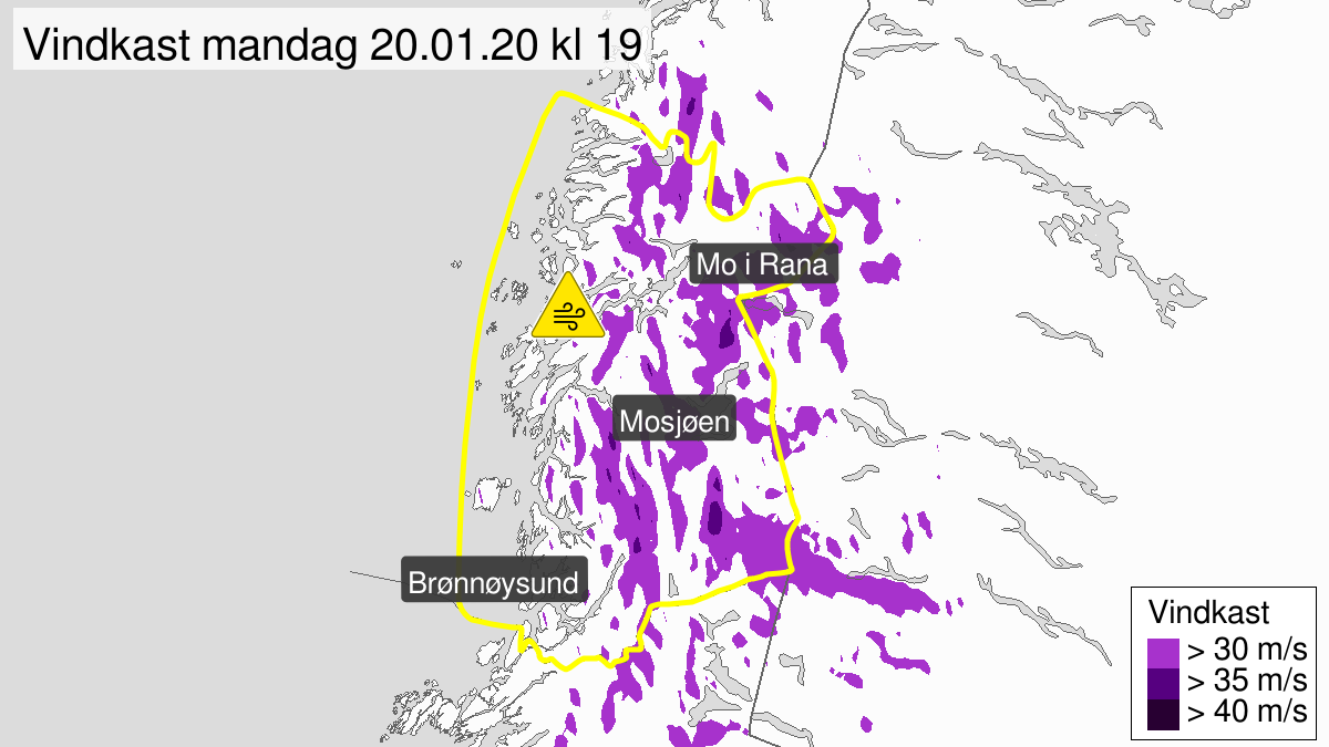 Kraftige vindkast, gult nivå, Helgeland, 20 January 15:00 UTC til 20 January 20:00 UTC.