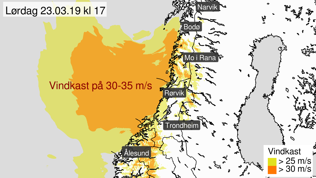 Kraftige vindkast, gult nivå, Møre og Romsdal og Trøndelag, 23 March 09:00 UTC til 23 March 23:00 UTC.