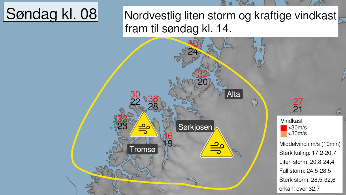 Kart over Kraftige vindkast pågår, gult nivå, Deler av Troms og Finnmark, 2022-10-23T08:00:00+00:00, 2022-10-23T12:00:00+00:00