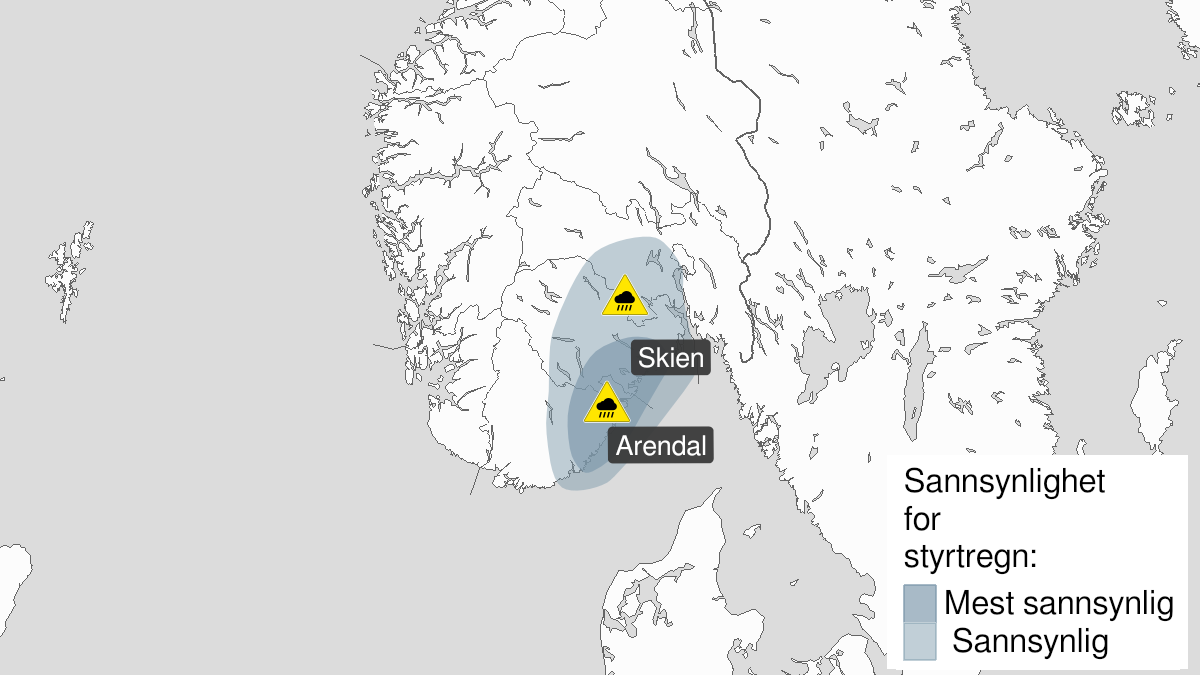 Kart over Styrtregn pågår, gult nivå, Deler av Østlandet og Agder, 2022-09-04T06:00:00+00:00, 2022-09-04T15:00:00+00:00