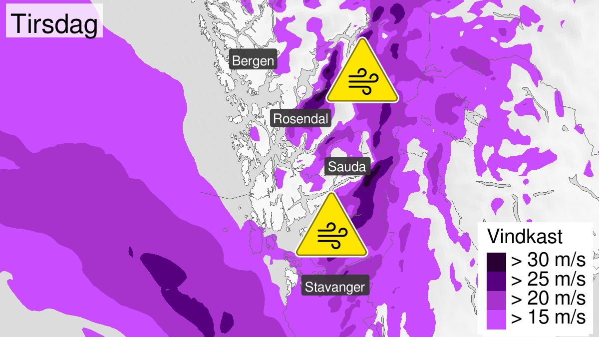 Map of strong wind gusts, yellow level, Rogaland and Hordaland, indre strøk and Inner Sunnhordland, 27 July 22:00 UTC to 28 July 10:00 UTC.