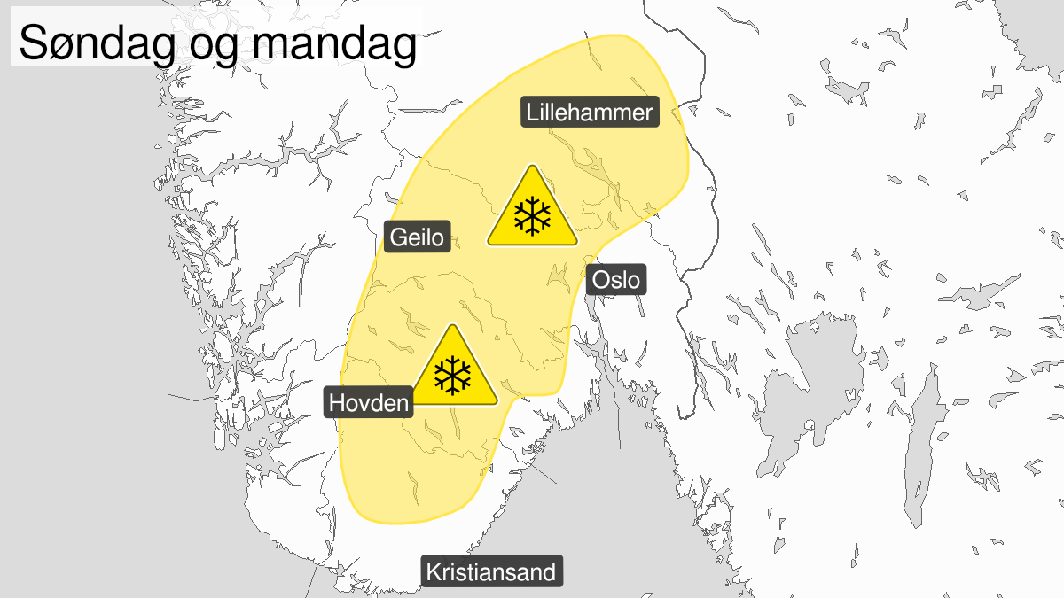 Map of snow, yellow level, Telemark, Vestfold, Buskerud, Vest-Agder, Aust-Agder, Hedmark, Fjellet i Soer-Norge, Oppland, Akershus and Oslo, 26 December 21:00 UTC to 28 December 09:00 UTC.