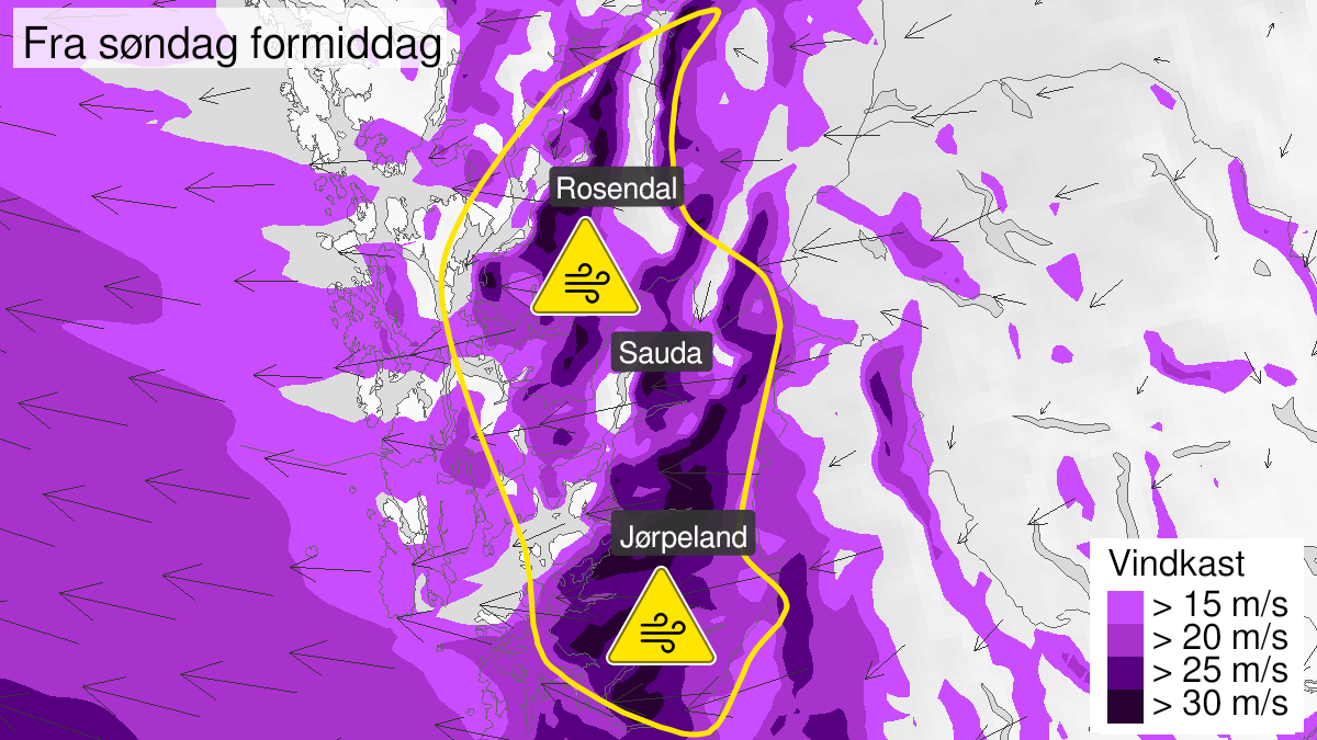 Kart over Kraftige vindkast, gult nivå, Deler av Rogaland og Sunnhordland, 2023-12-31T07:00:00+00:00, 2024-01-01T04:00:00+00:00