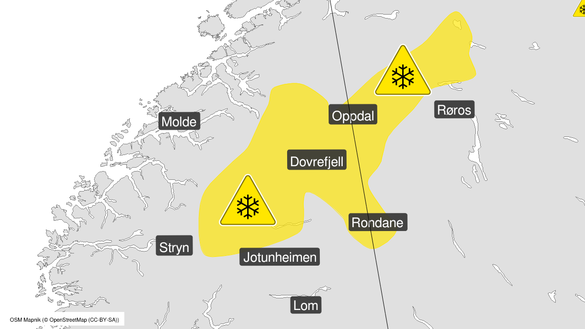 Kart over kraftig snøfokk pågår, gult nivå, Fjellstrøkene Dovrefjell - svenskegrensa, Fjellstrøkene Trollheimen - Strynefjellet og Jotunheimen, 14 January 05:00 UTC til 14 January 21:00 UTC.