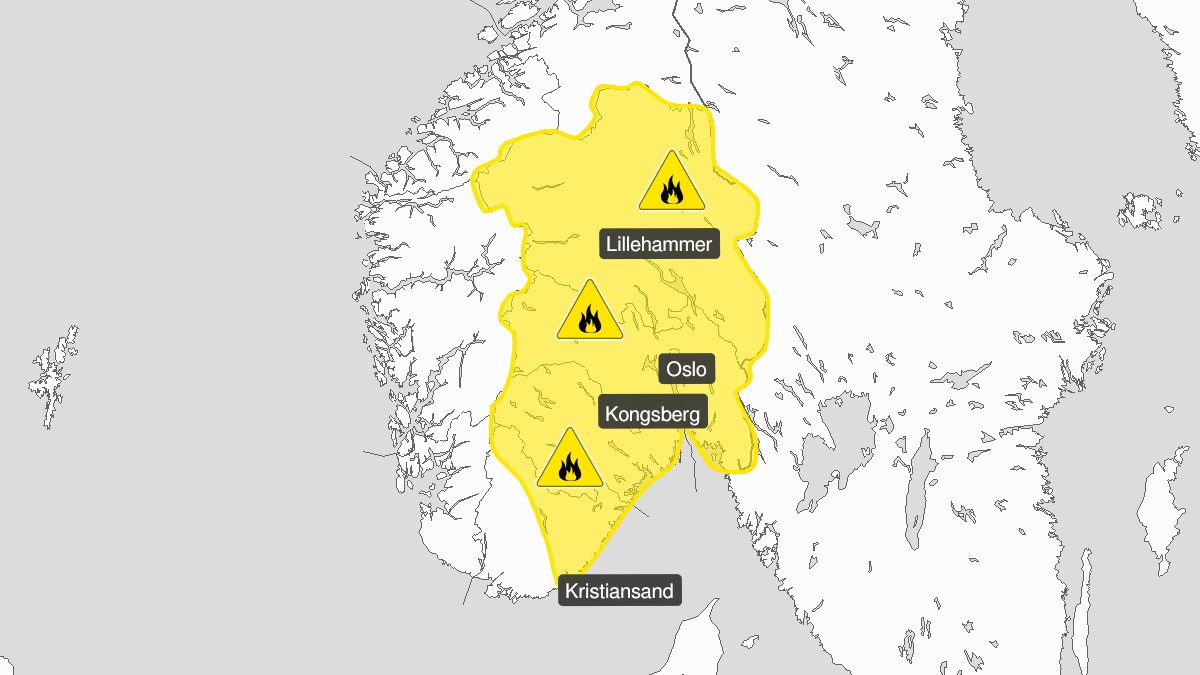 Map over Forest fire danger, yellow level, Østlandet and Sørlandet except western parts of Sørlandet, 2022-08-13T06:00:00+00:00, 2022-08-15T22:00:00+00:00