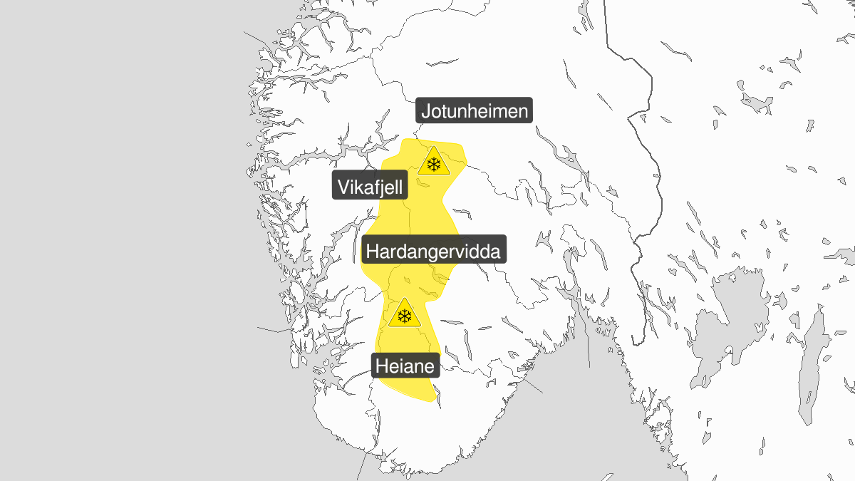 Map of blowing snow, yellow level, Langfjella, 04 April 09:00 UTC to 06 April 15:00 UTC.