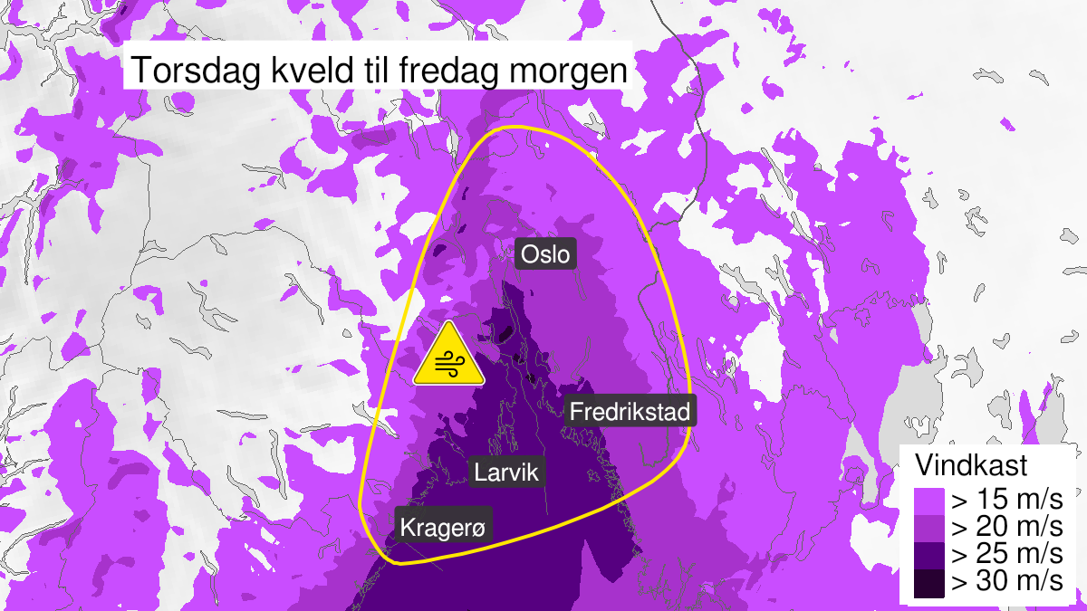 Map of strong wind gusts, yellow level, Vestfold and Telemark, Viken and Oslo, 21 January 17:00 UTC to 22 January 07:00 UTC.