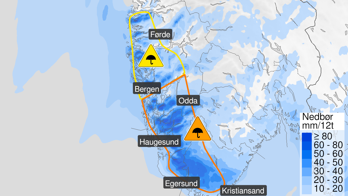 Kart over Mye regn, gult nivå, Deler av Vestland., 2024-01-21T23:00:00+00:00, 2024-01-22T11:00:00+00:00