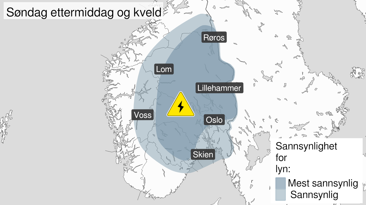 Map over Frequent lightning, yellow level, Parts of South Norway, 2024-05-26T12:00:00+00:00, 2024-05-26T23:59:00+00:00