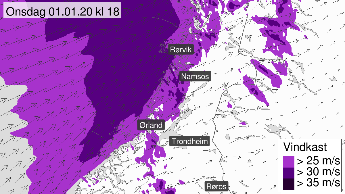 Kraftige vindkast, gult nivå, Trøndelag, 01 January 03:00 UTC til 01 January 19:00 UTC.