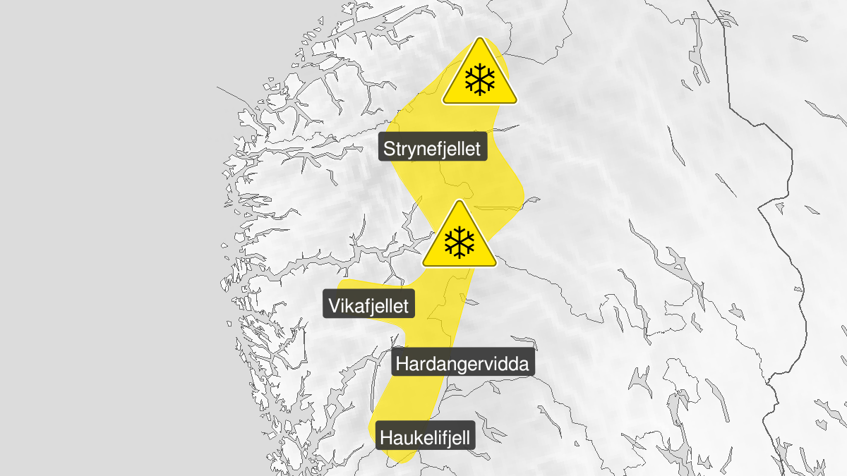 Kart over Snø, gult nivå, Deler av høyfjellet i Sør-Norge, 2023-05-29T05:00:00+00:00, 2023-05-29T12:00:00+00:00
