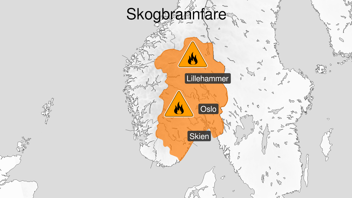 Map of high forest fire danger expected, orange level, Innlandet, Viken, Oslo, Vestfold and Telemark and eastern parts of Agder, 18 May 08:00 UTC to 21 May 02:00 UTC.
