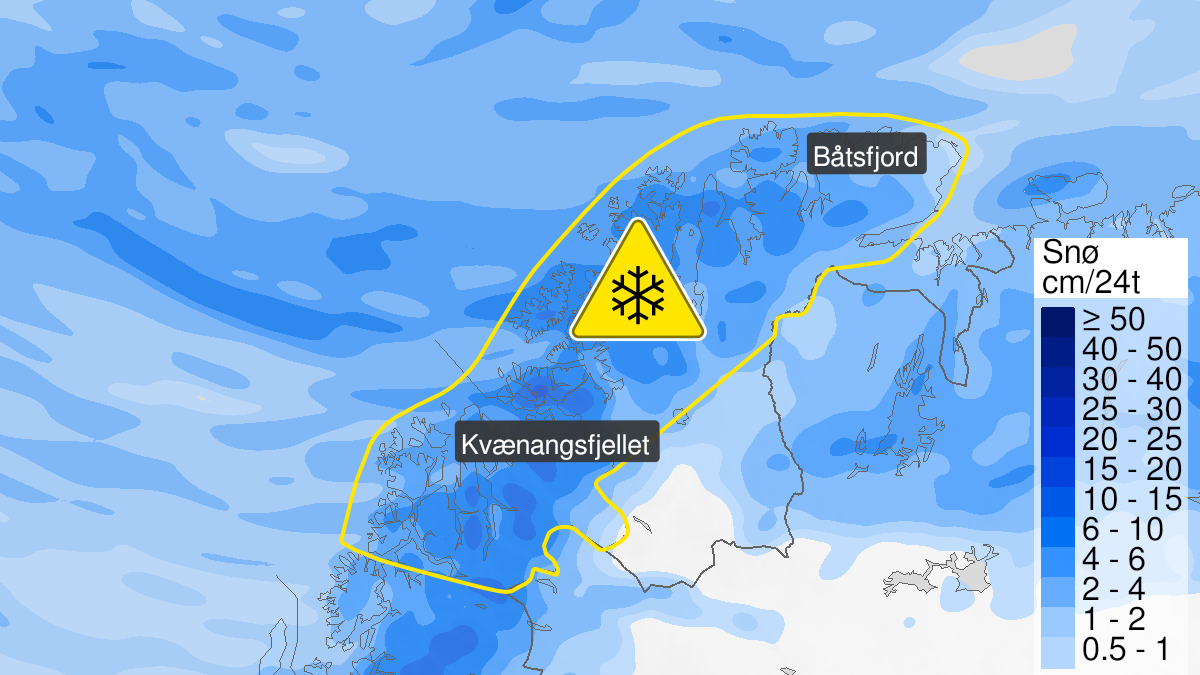 Map over Snow ongoing, yellow level, North Troms and parts of Finnmark, 2024-05-19T10:00:00+00:00, 2024-05-21T07:00:00+00:00