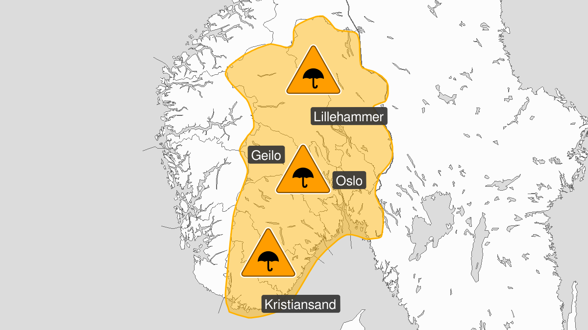 Very heavy rainshowers, orange level, Oestlandet and Telemark, 06 June 12:00 UTC to 07 June 05:00 UTC.