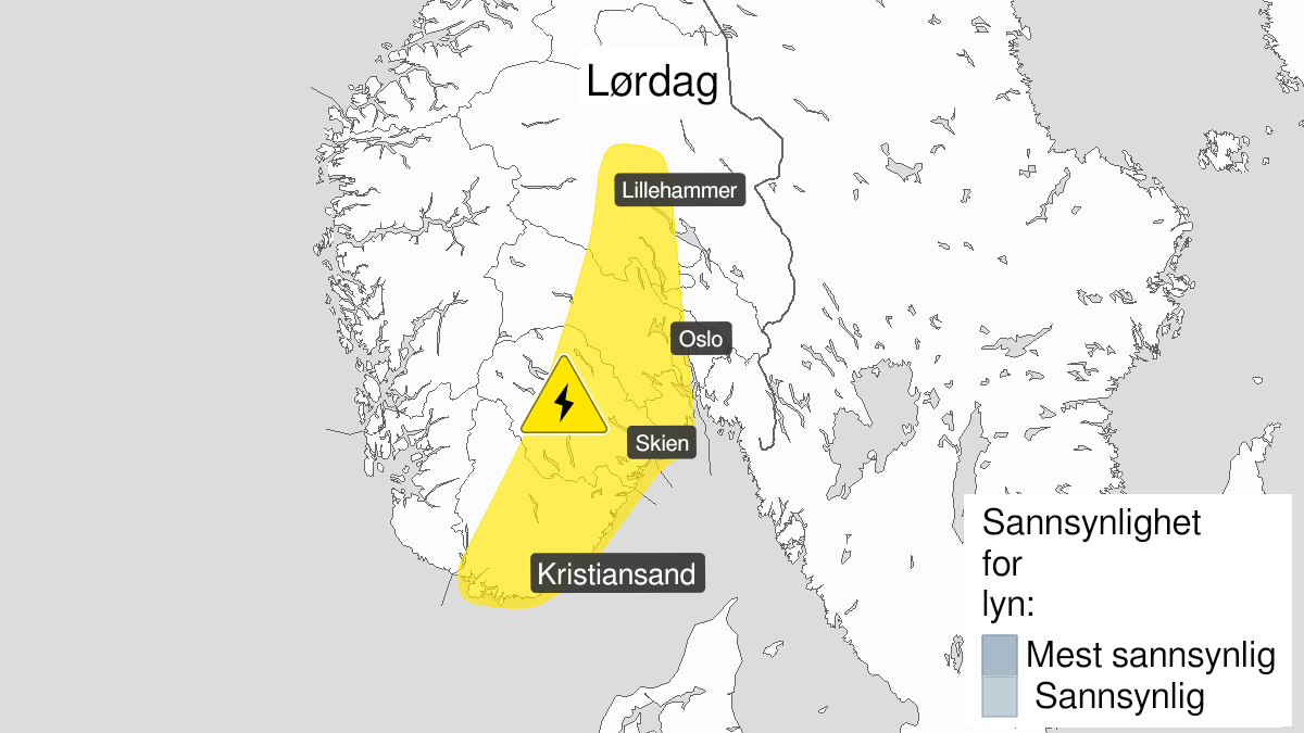 Map over Frequent lightning, yellow level, Agder and western parts of Østlandet, 2024-06-01T12:00:00+00:00, 2024-06-01T17:00:00+00:00