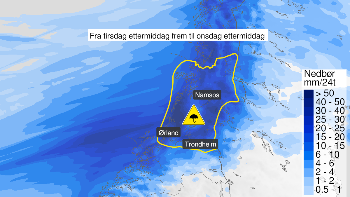 Map of heavy rain, yellow level, Trøndelag, 07 September 14:00 UTC to 08 September 10:00 UTC.