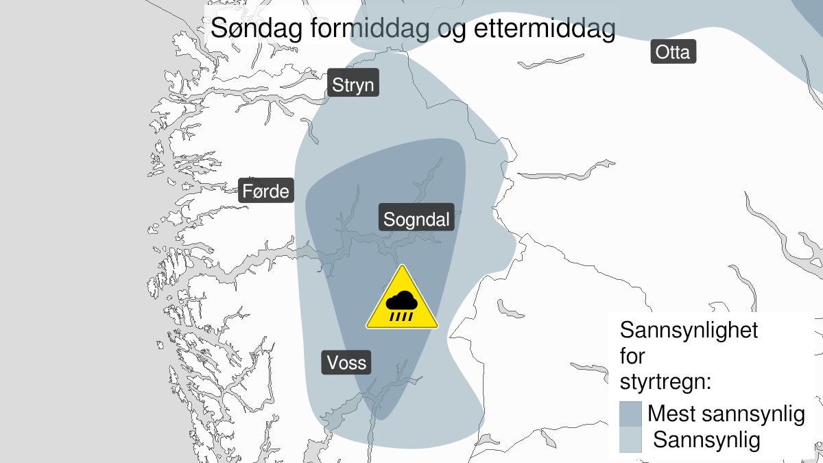 Kart over Styrtregn pågår, gult nivå, Indre strok av Vestland, 2024-08-04T06:00:00+00:00, 2024-08-04T14:00:00+00:00