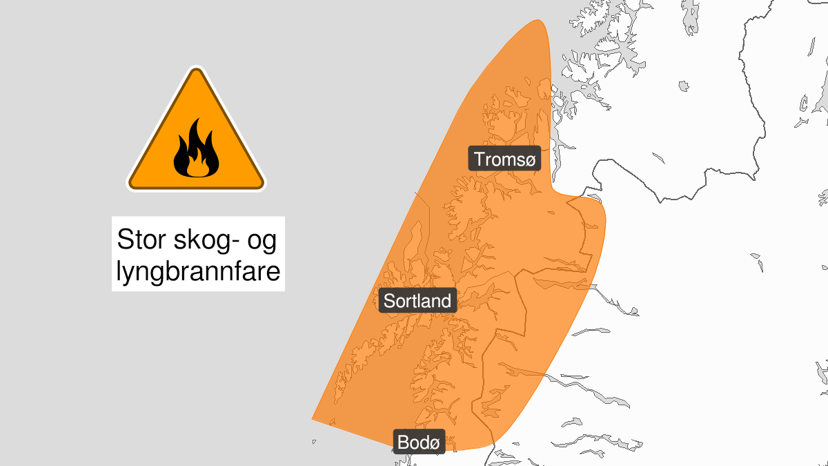 Kart over Stor skogbrannfare, oransje nivå, Nordland nord for Saltdal og Troms vest for Lyngsalpan, 2023-07-12T18:00:00+00:00, 2023-07-16T22:00:00+00:00