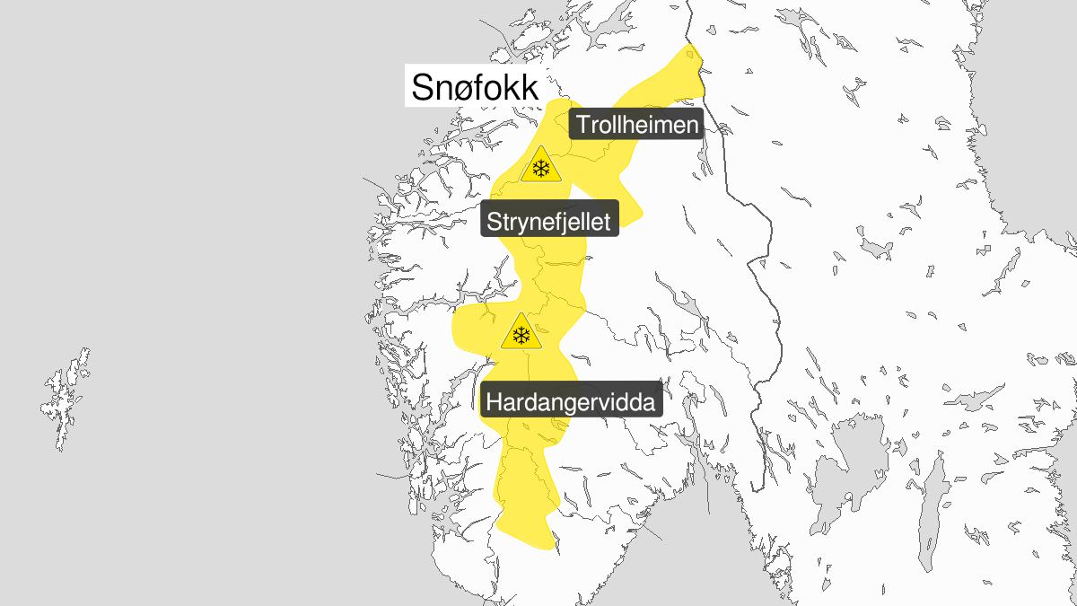 Kart over Kraftig snøfokk, gult nivå, Fjellet i Sør-Norge, 2023-12-21T02:00:00+00:00, 2023-12-22T14:00:00+00:00