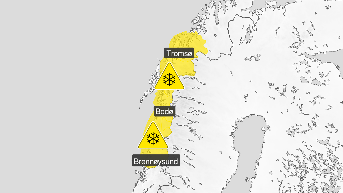 Kart over snø, gult nivå, Helgeland, Saltfjellet, Salten, Ofoten og Troms, 24 January 12:00 UTC til 25 January 15:00 UTC.