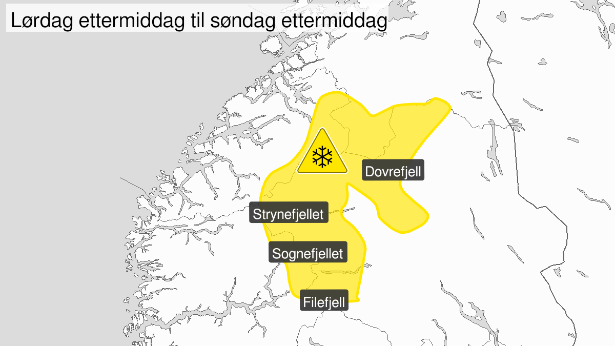 Map of blowing snow, yellow level, Rondane, Dovrefjell and Fjellstroekene Trollheimen - Jotunheimen, 26 February 11:00 UTC to 27 February 15:00 UTC.