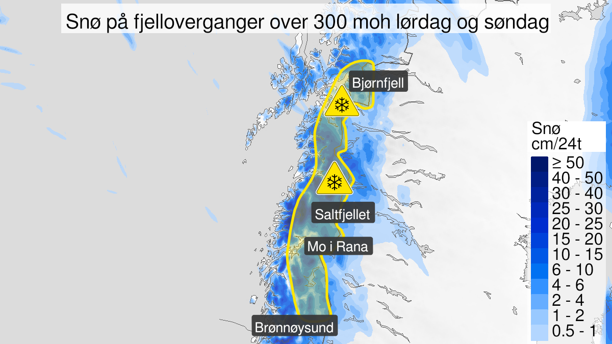 Kart over Snø, gult nivå, Fjelloverganger i Nordland, 2023-10-07T12:00:00+00:00, 2023-10-08T22:00:00+00:00