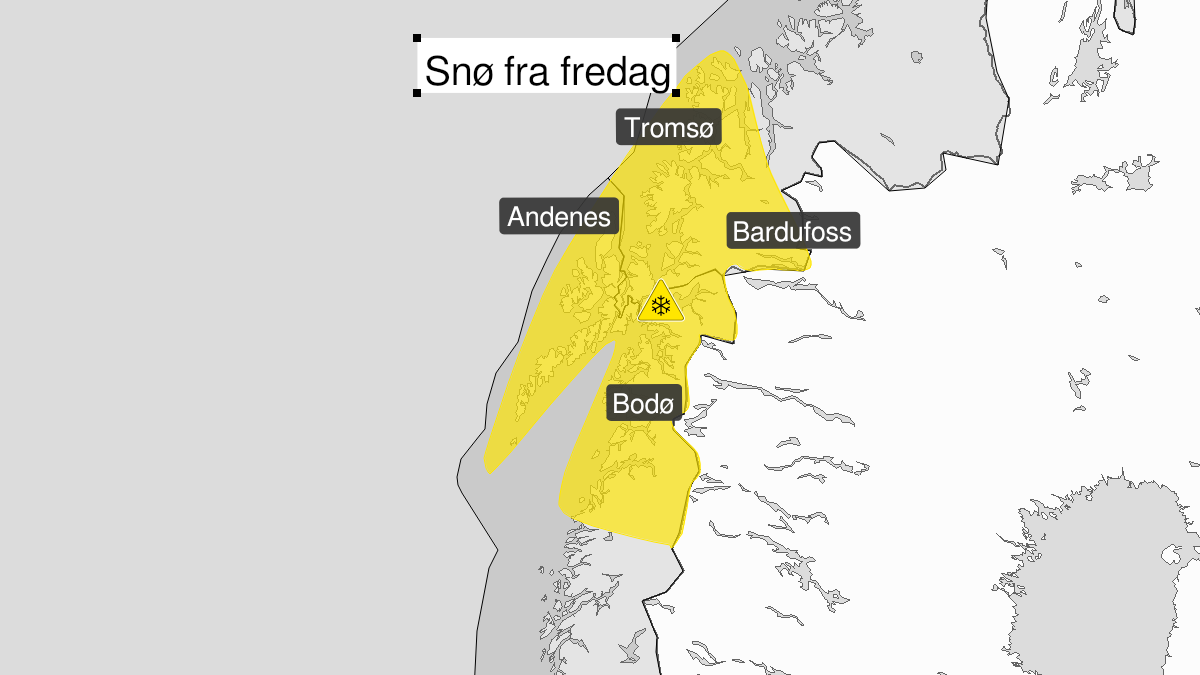Kart over Snø pågår, gult nivå, Deler av Nordland og Sør-Troms, 2022-12-22T20:05:00+00:00, 2022-12-25T09:00:00+00:00
