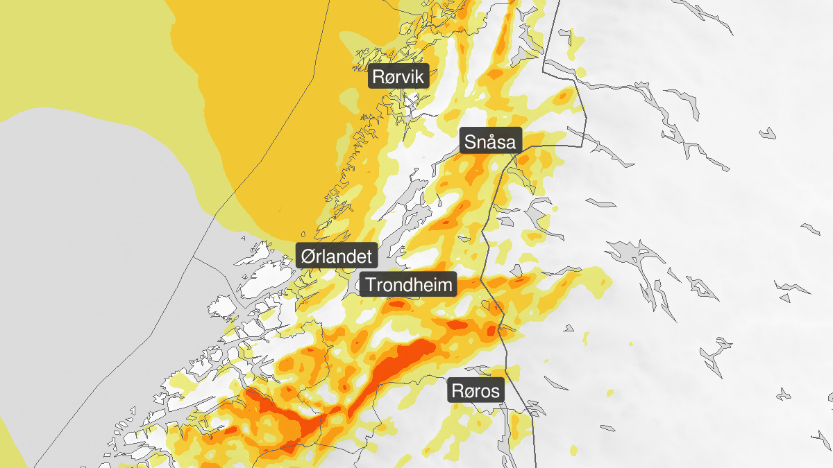 Kraftige vindkast, gult nivå, Trøndelag, 12 March 15:00 UTC til 13 March 06:00 UTC.