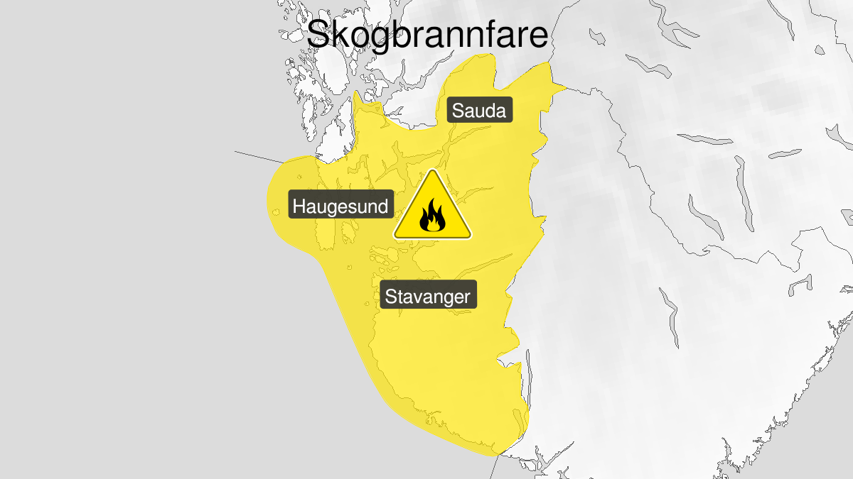 Kart over Skogbrannfare, gult nivå, Rogaland, 2023-06-21T11:00:00+00:00, 2023-06-23T22:00:00+00:00
