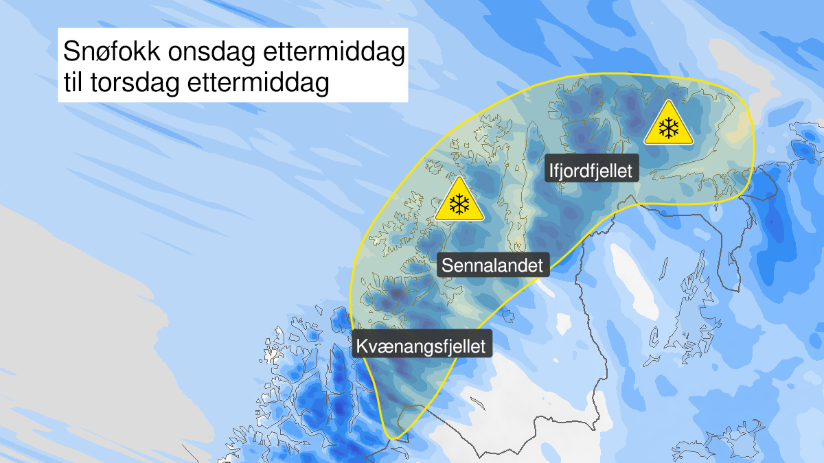 Map of blowing snow, yellow level, Nord-Troms and coastal and fjord areas in Finnmark, 02 March 16:00 UTC to 03 March 15:00 UTC.