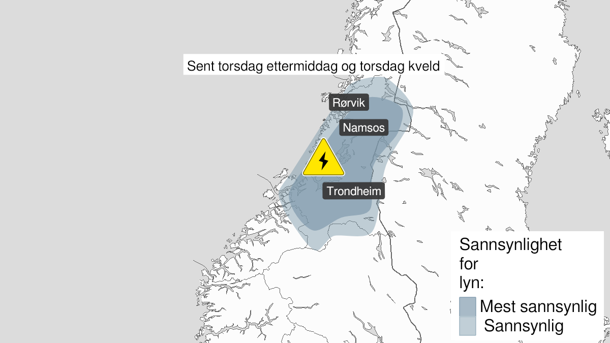 Kart over mye lyn pågår, gult nivå, Trøndelag, 08 July 14:00 UTC til 08 July 22:00 UTC.
