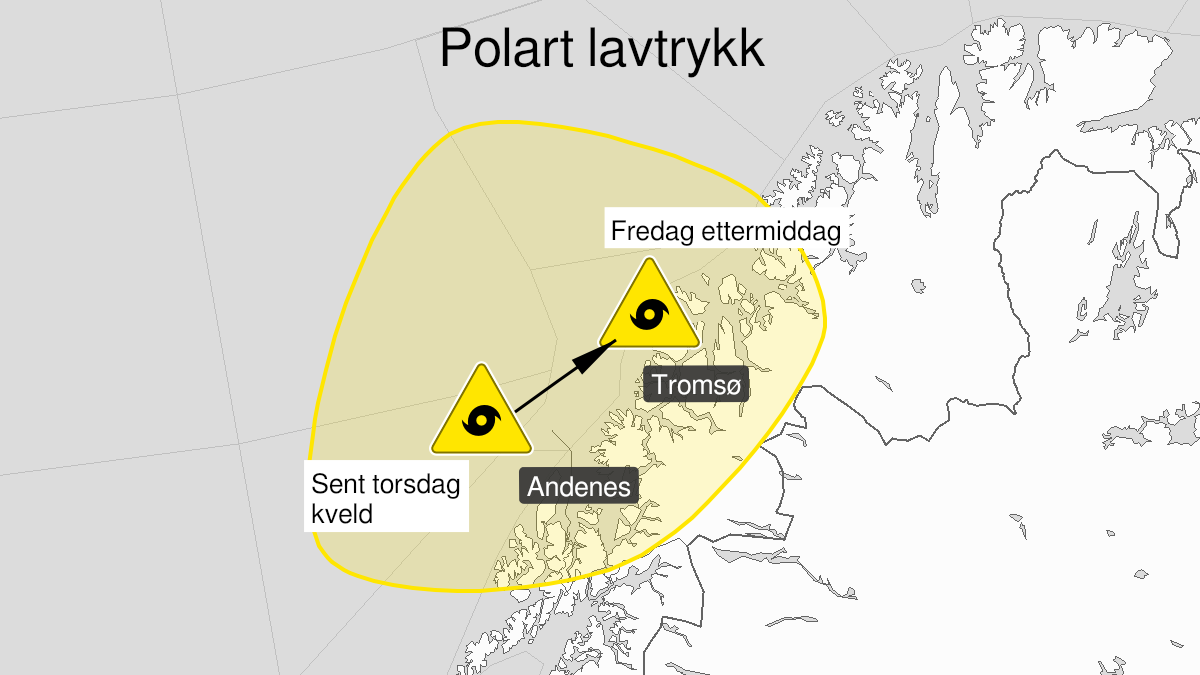 Kart over Polart lavtrykk, gult nivå, Vesterålen og Troms, 2022-12-15T18:00:00+00:00, 2022-12-17T02:00:00+00:00