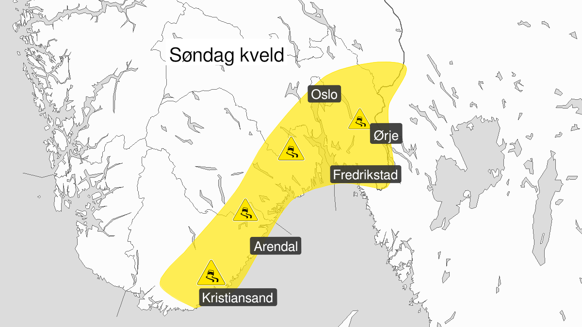 Kart over Is, gult nivå, Deler av Agder og sørlige Østlandet, 2022-12-18T18:00:00+00:00, 2022-12-19T03:00:00+00:00