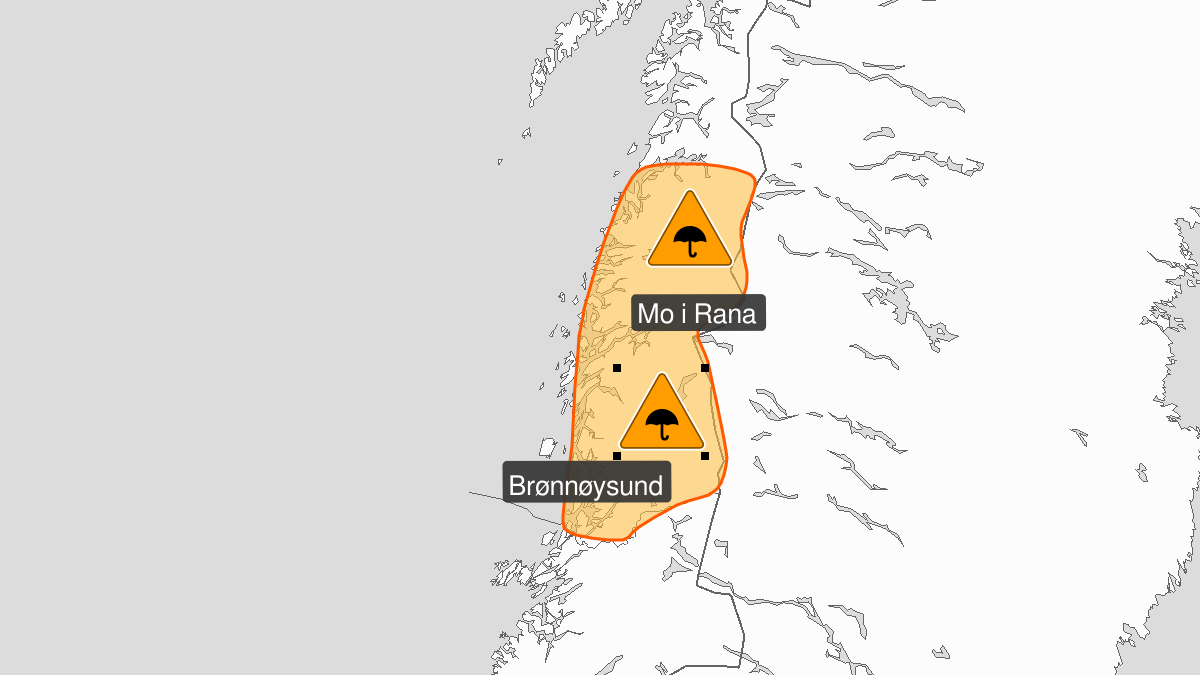 Very heavy rain, orange level, Helgeland and Saltfjellet, 31 December 21:00 UTC to 03 January 06:00 UTC.