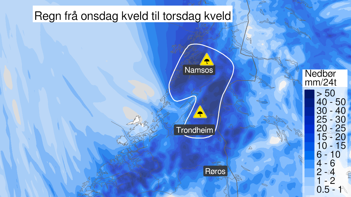 Map of heavy rain, yellow level, Trøndelag, 18 August 18:00 UTC to 19 August 18:00 UTC.