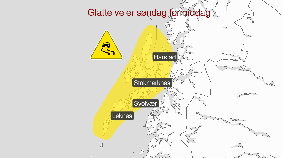 Kart over Is, gult nivå, Lofoten, Vesterålen og deler av Ofoten, 2024-01-07T06:00:00+00:00, 2024-01-07T10:00:00+00:00