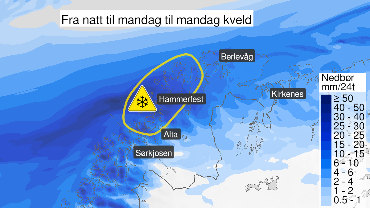 Map over Snow, yellow level, Parts of WestFinnmark, 2024-03-17T23:00:00+00:00, 2024-03-19T07:00:00+00:00