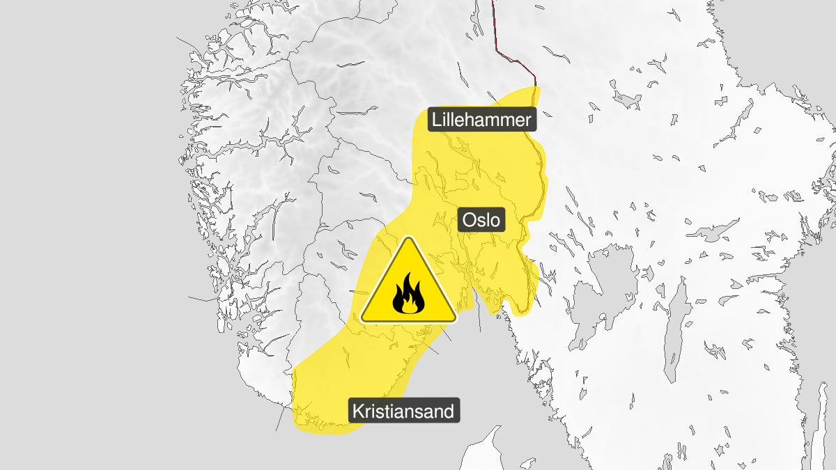 Kart over Skogbrannfare, gult nivå, Deler av Østlandet og Sørlandet, 2024-05-11T10:00:00+00:00, 2024-05-14T12:00:00+00:00