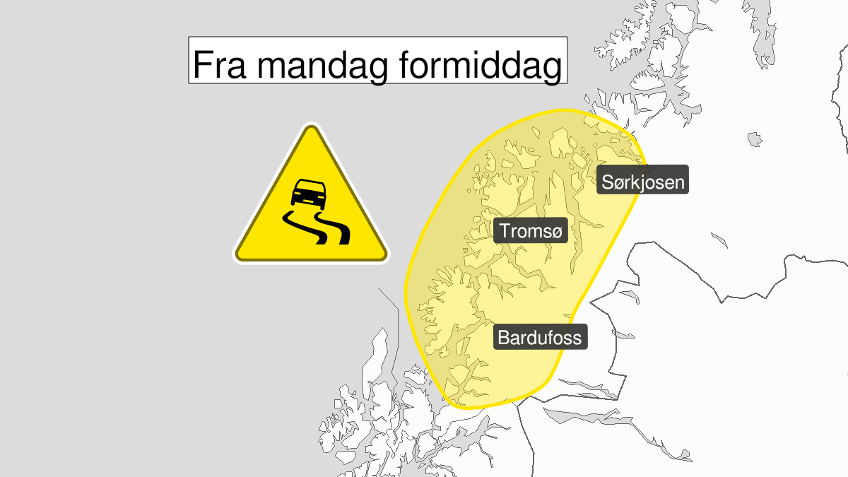 Kart over Is, gult nivå, Deler av Troms , 2023-04-03T09:00:00+00:00, 2023-04-04T06:00:00+00:00