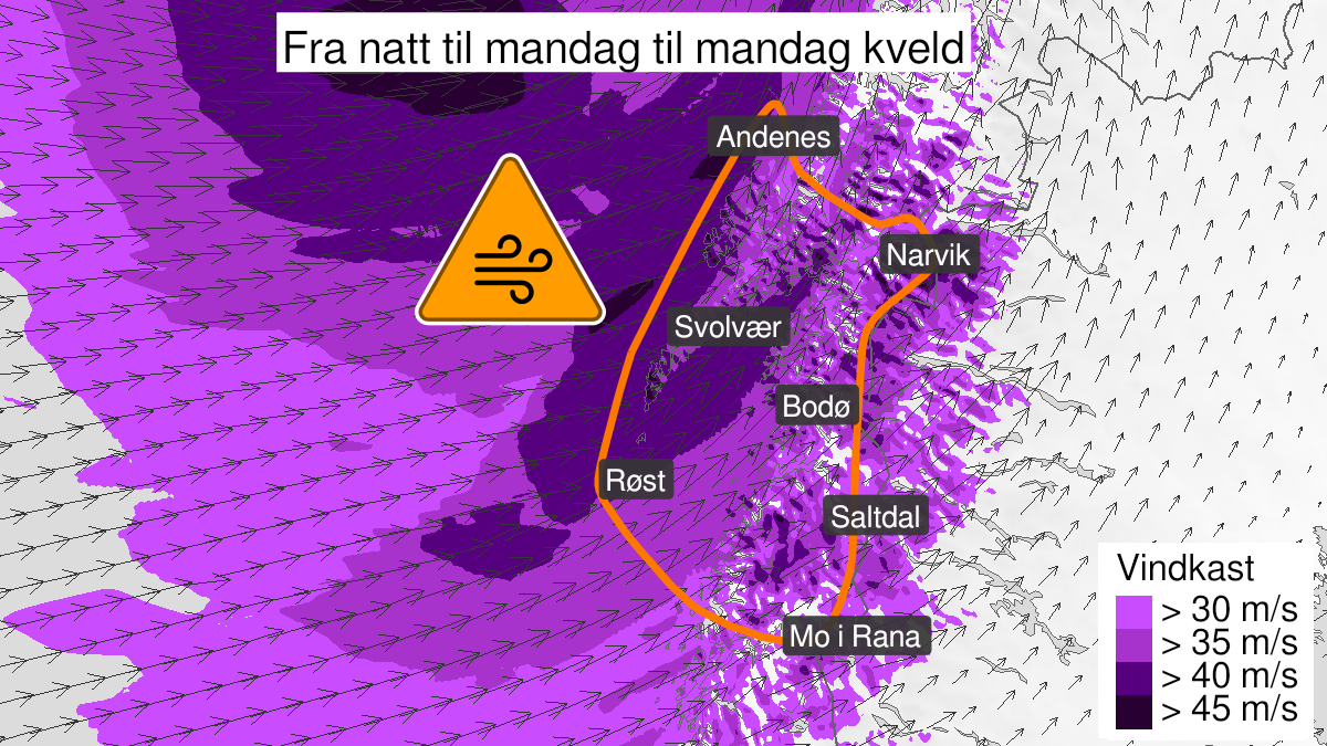 Kart over Svært kraftige vindkast, oransje nivå, Salten, Ofoten, Lofoten og Vesterålen, 2024-01-29T00:00:00+00:00, 2024-01-29T21:00:00+00:00