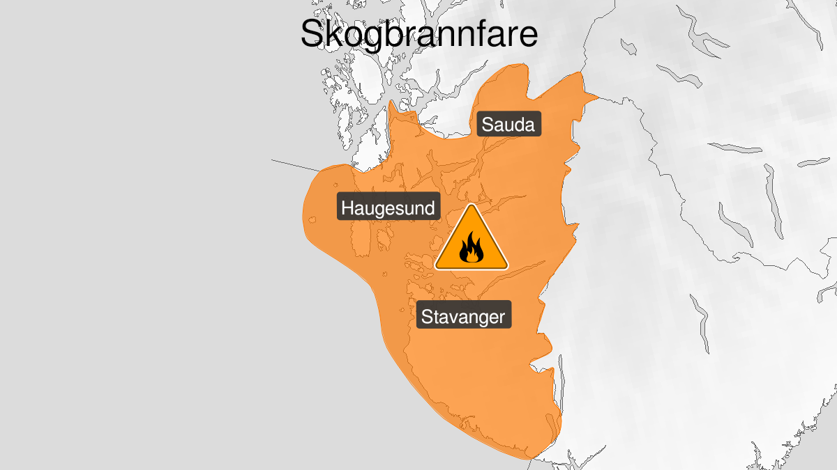 Kart over Stor skogbrannfare, oransje nivå, Rogaland, 2023-06-23T22:00:00+00:00, 2023-06-26T08:00:00+00:00