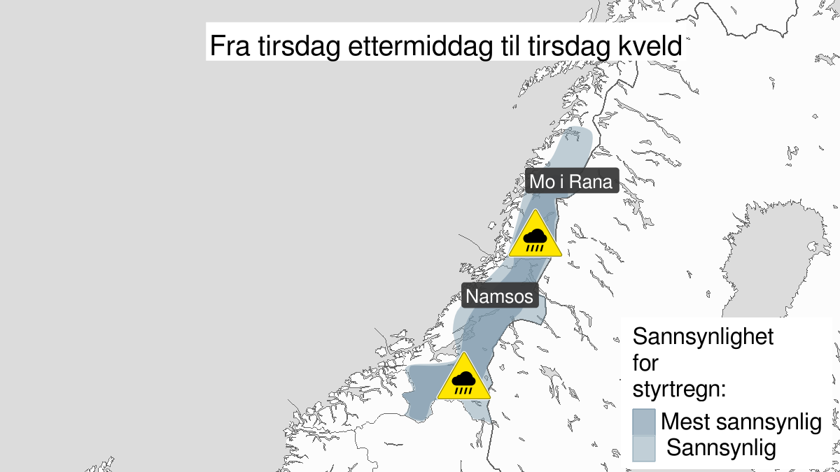 Kart over Styrtregn, gult nivå, Indre strøk av Trøndelag og sørlige deler av Nordland, 2023-06-27T10:00:00+00:00, 2023-06-27T19:00:00+00:00