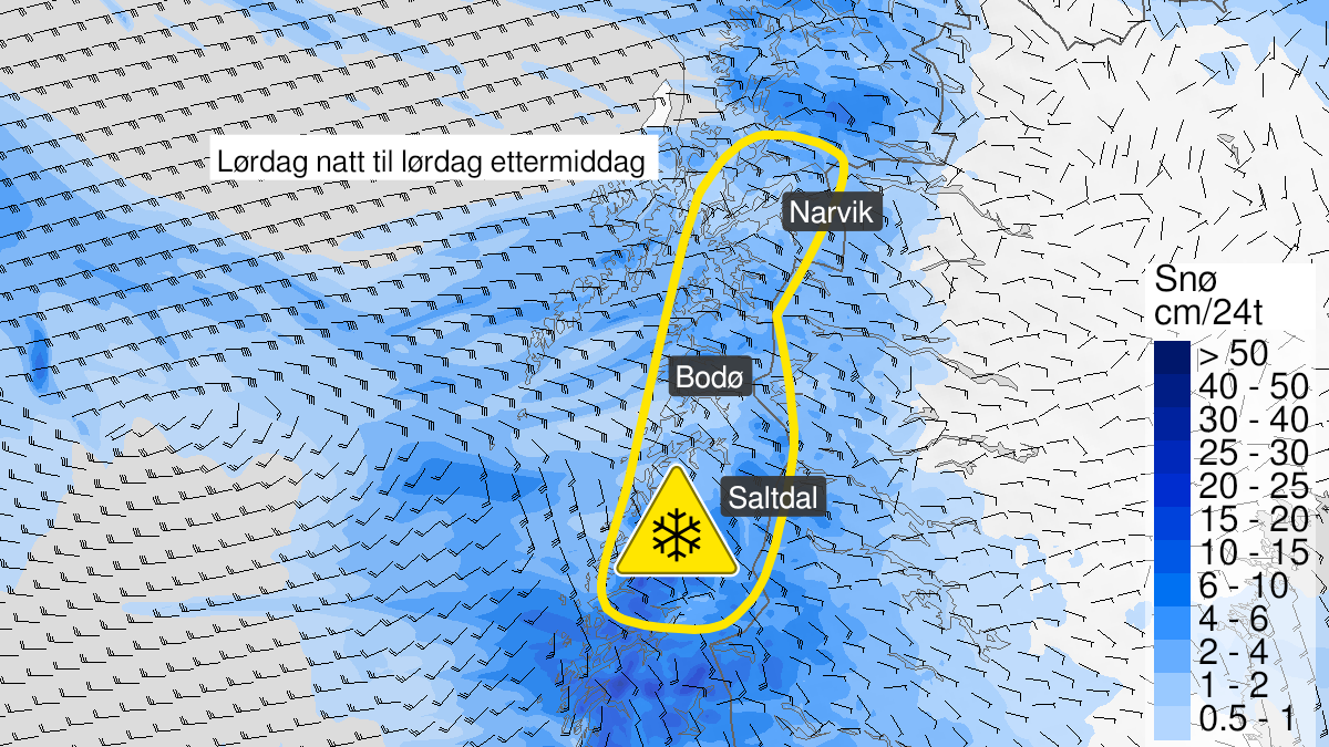 Map of blowing snow, yellow level, Saltfjellet, Salten and Ofoten, 29 January 03:00 UTC to 29 January 23:00 UTC.
