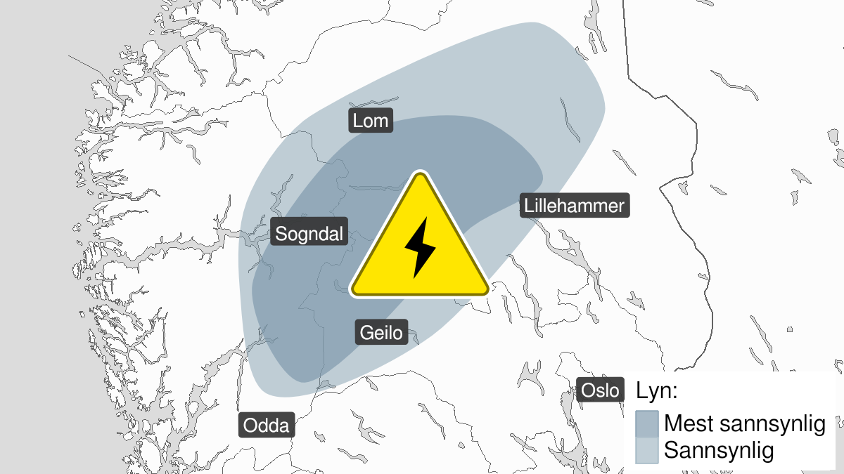 Map of frequent lightning ongoing, yellow level, Buskerud, Oppland, Hedmark, Hordaland and Sogn og Fjordane, 24 July 12:00 UTC to 24 July 19:00 UTC.