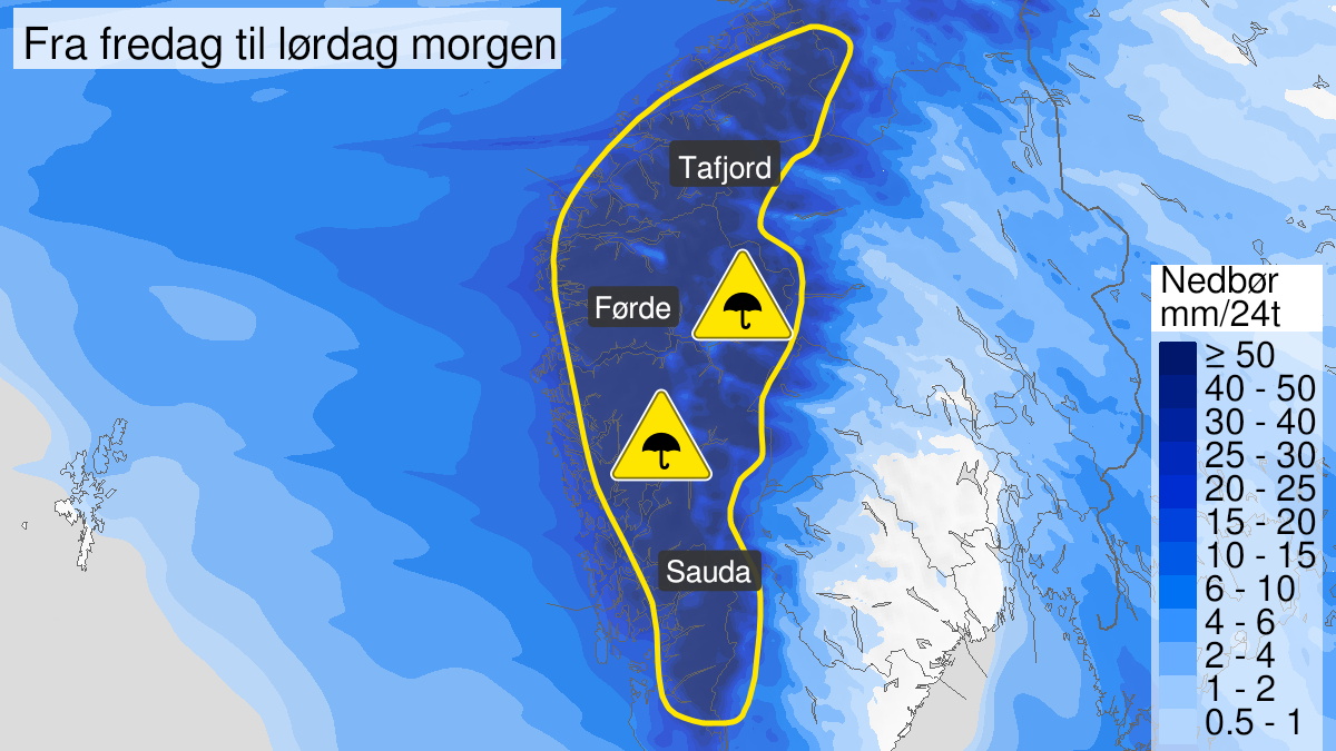 Map over Possibility of very heavy rain, yellow level, Parts of Vestlandet, 2024-02-02T06:00:00+00:00, 2024-02-03T06:00:00+00:00