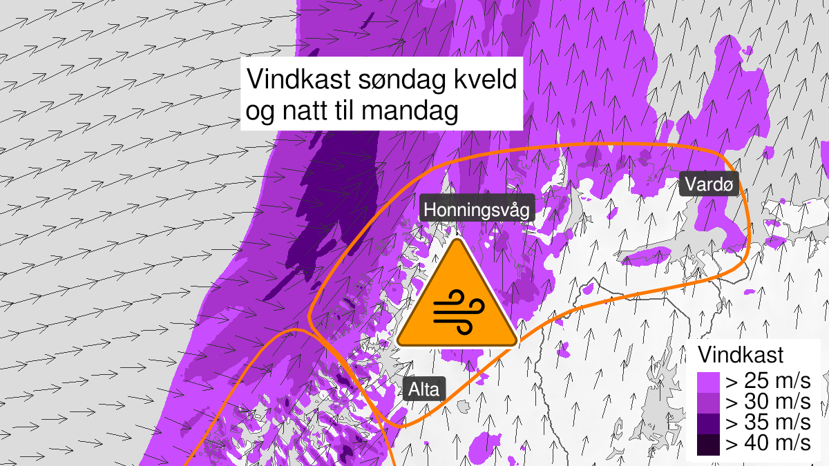 Map of very strong wind gusts, orange level, Kyst- and fjordstroekene i Finnmark, 23 January 17:00 UTC to 24 January 06:00 UTC.