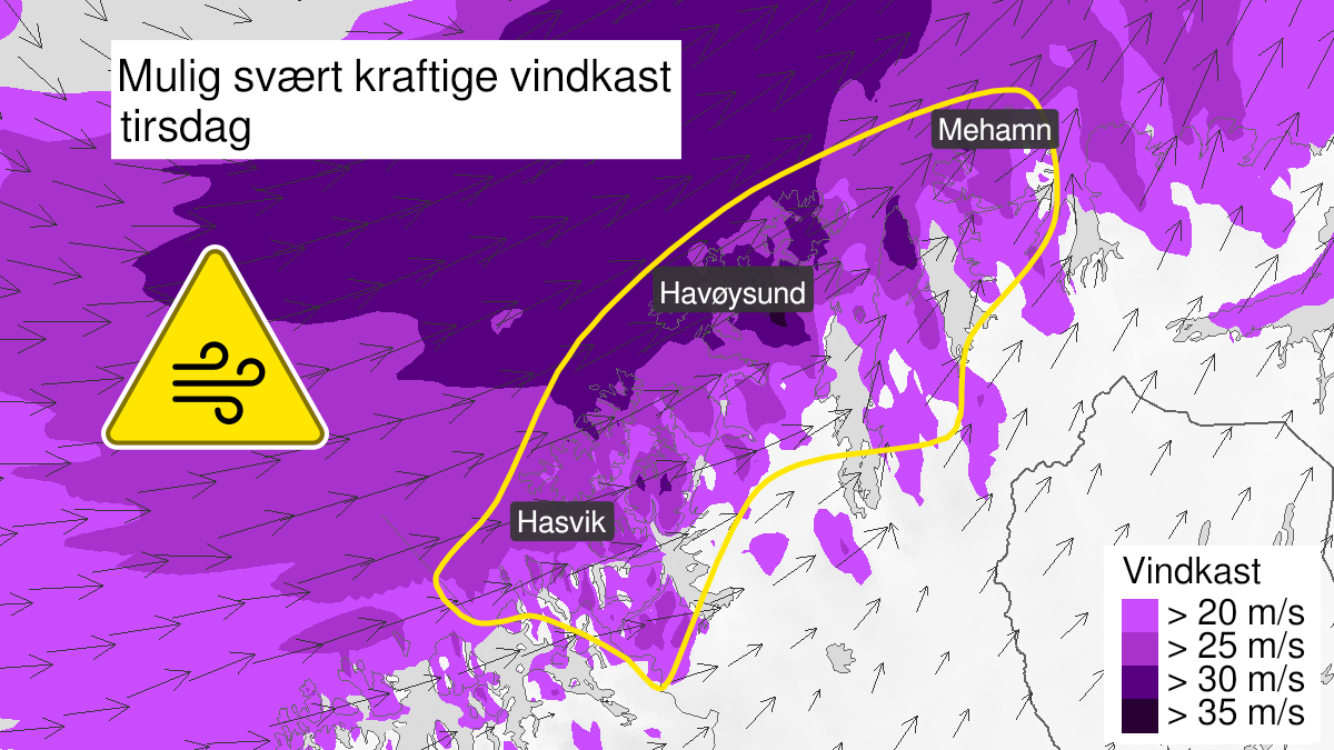 Kart over Mulighet for svært kraftige vindkast, gult nivå, nordvestlige deler av Finnmark, 2024-10-01T08:00:00+00:00, 2024-10-02T03:00:00+00:00