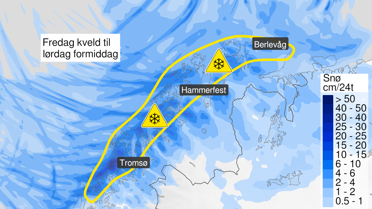 Map of blowing snow, yellow level, Troms and Kyst- and fjordstroekene i Finnmark, 07 January 20:00 UTC to 08 January 11:00 UTC.