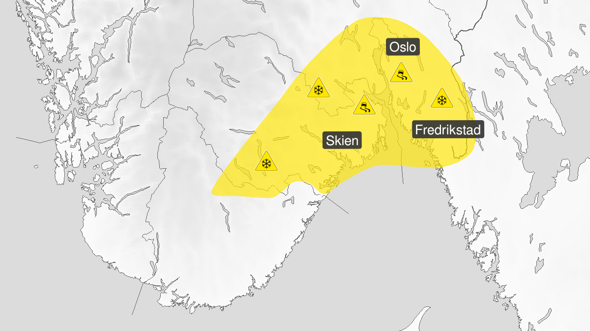 Kart over Snø pågår, gult nivå, Deler av Østlandet, 2022-12-16T15:00:00+00:00, 2022-12-17T23:00:00+00:00